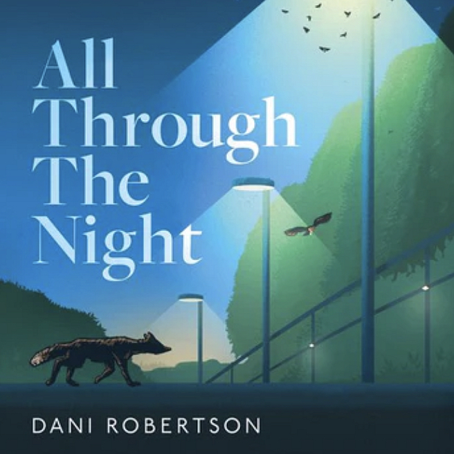 The cover of a book called All Through The Night illustrated with nocturnal wildllife under street lights